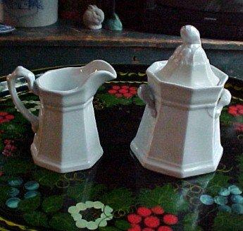 Full Panel Gothic Square Rose Bud Shape Sugar Bowl and Jug James Edwards