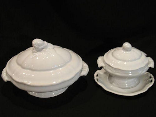 Alternate PanelsShape sauce tureen with Rose bud finial and vegetable tureen with  Sheaf of wheat finial James Edwards