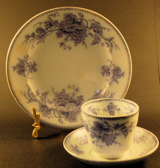 Purple Vine Pattern cup saucer and 6½"  dia plate James Edwards