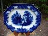 Curved Gothic platter with Flow blue transfer dec. in the Coburg pattern  James Edwards  1843